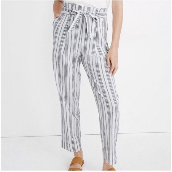 Madewell Pants - Madewell White Linen Cotton Paperbag Pants Dark Baltic Stripe AN839 Size 6